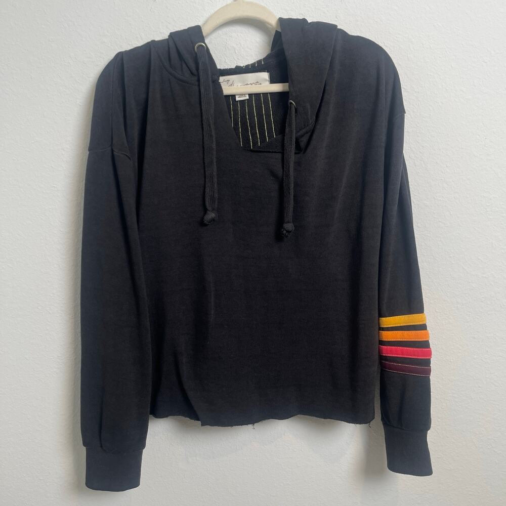 Vintage Havana Black Cropped Hoodie Rainbow Stripe Sleeve Back Detail Size M - Picture 6 of 10